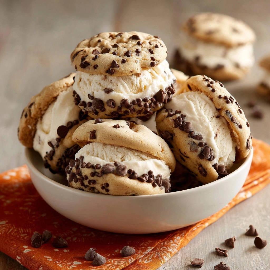 Chocolate chip ice cream sandwiches stacked high in a white bowl, showcasing their soft-chewy perfection and chocolate chip coating.