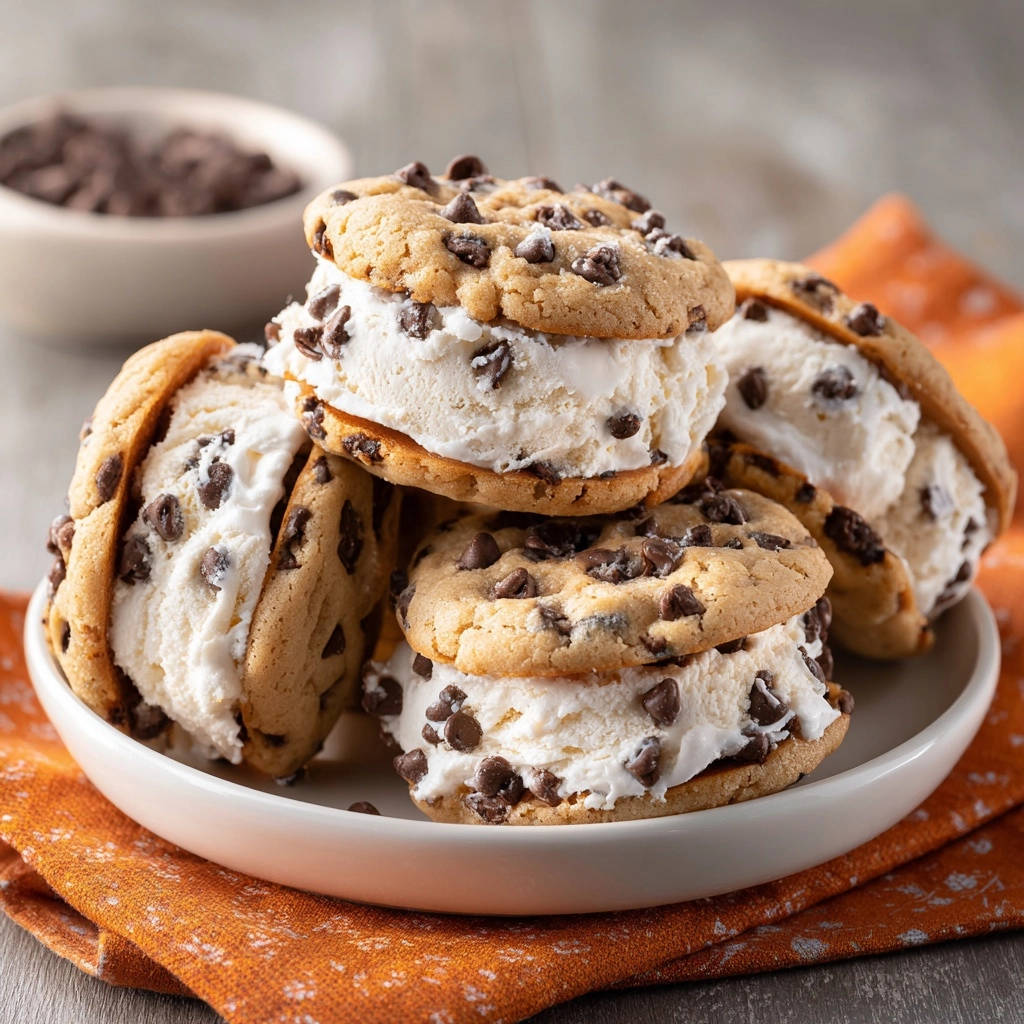 Chocolate chip ice cream sandwiches, soft and chewy, stacked high on a white plate with an orange napkin.