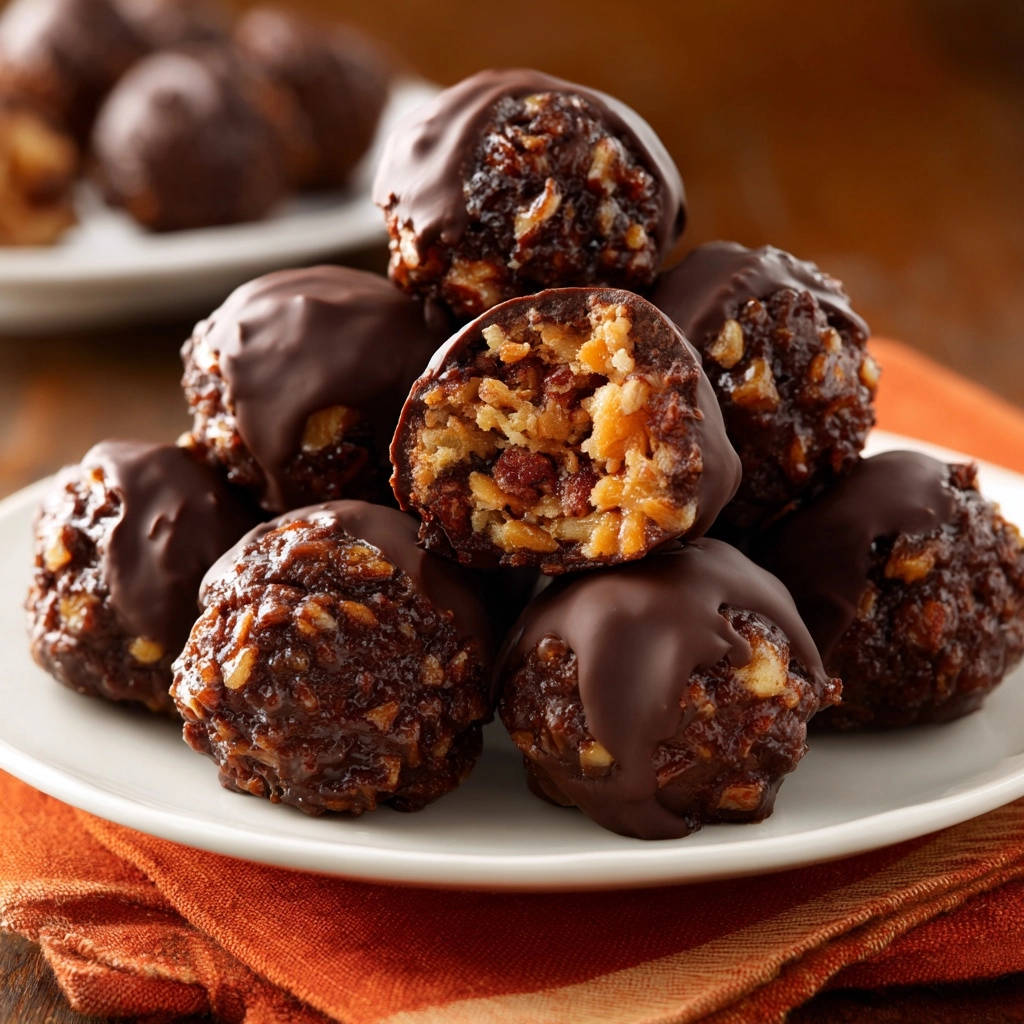 Chocolate coconut oat bites shown with a revealing cross-section highlighting the textured interior ingredients.