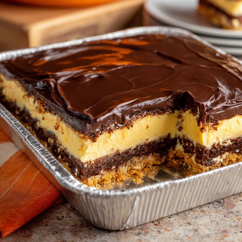 Decadent chocolate layer bars showing a cross-section of the rich chocolate frosting and creamy filling.