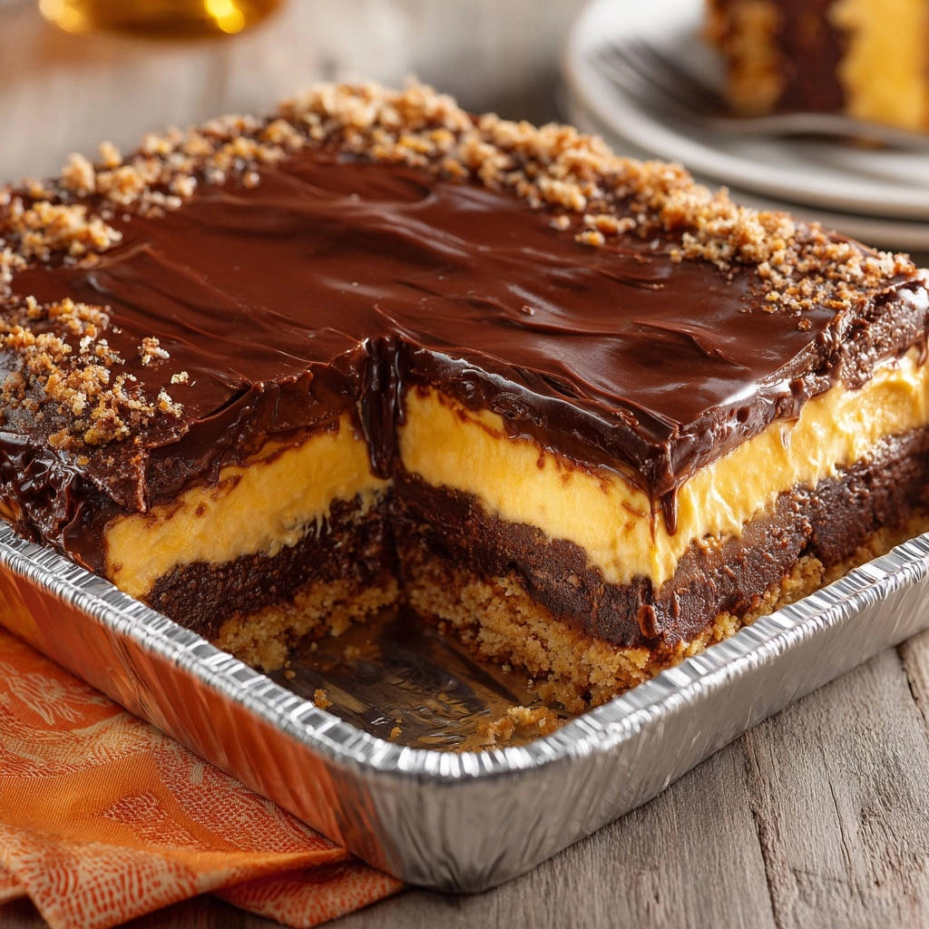 Decadent chocolate layer bars sliced to show the rich chocolate and creamy layers inside, served in a foil pan.