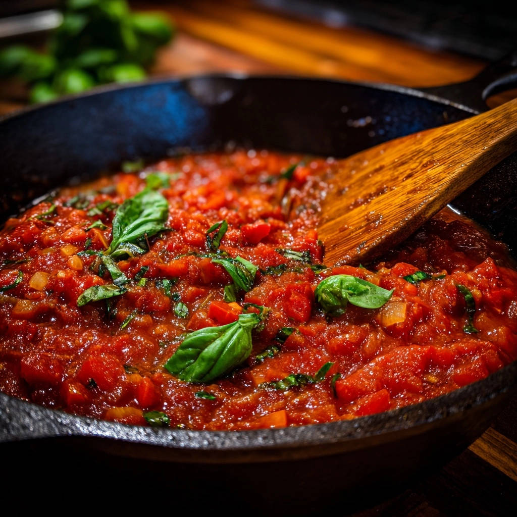 Chunky basil tomato sauce simmering in a cast iron skillet with a wooden spoon, showcasing its rich texture.