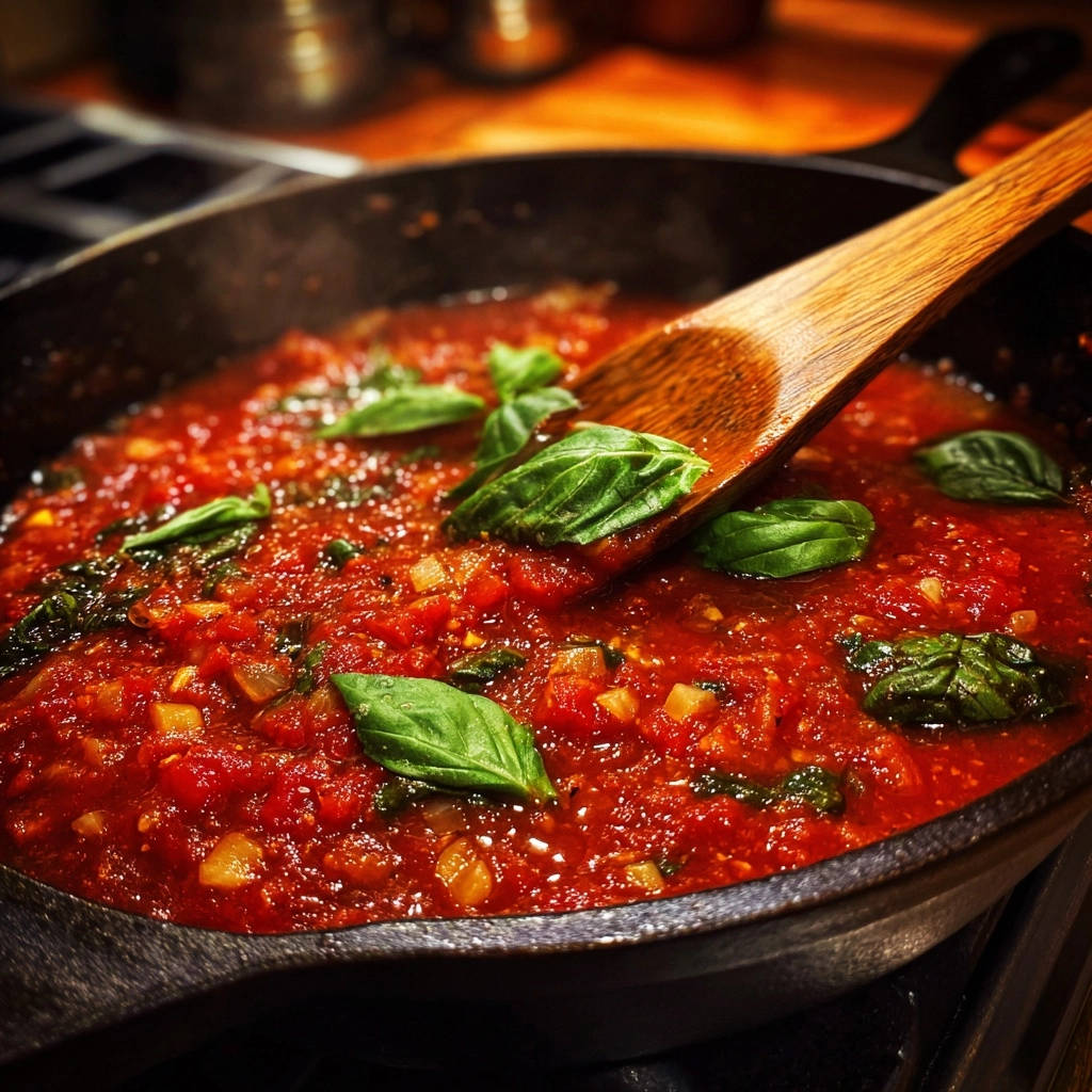 Chunky basil tomato sauce being stirred with a wooden spoon in a cast iron pan, garnished with fresh basil leaves.