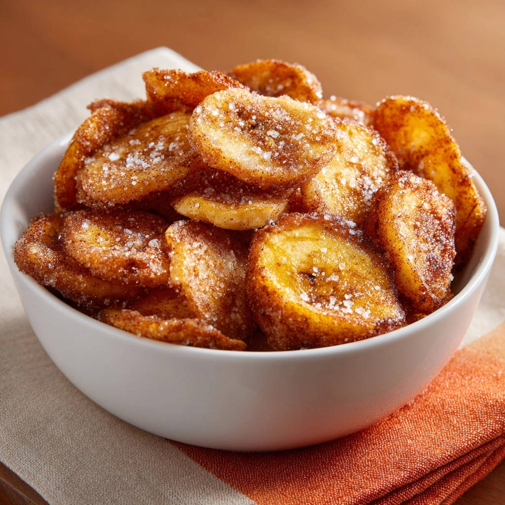 Crispy cinnamon sugar banana chips piled high in a white bowl, showing a close-up view of the textured surface.
