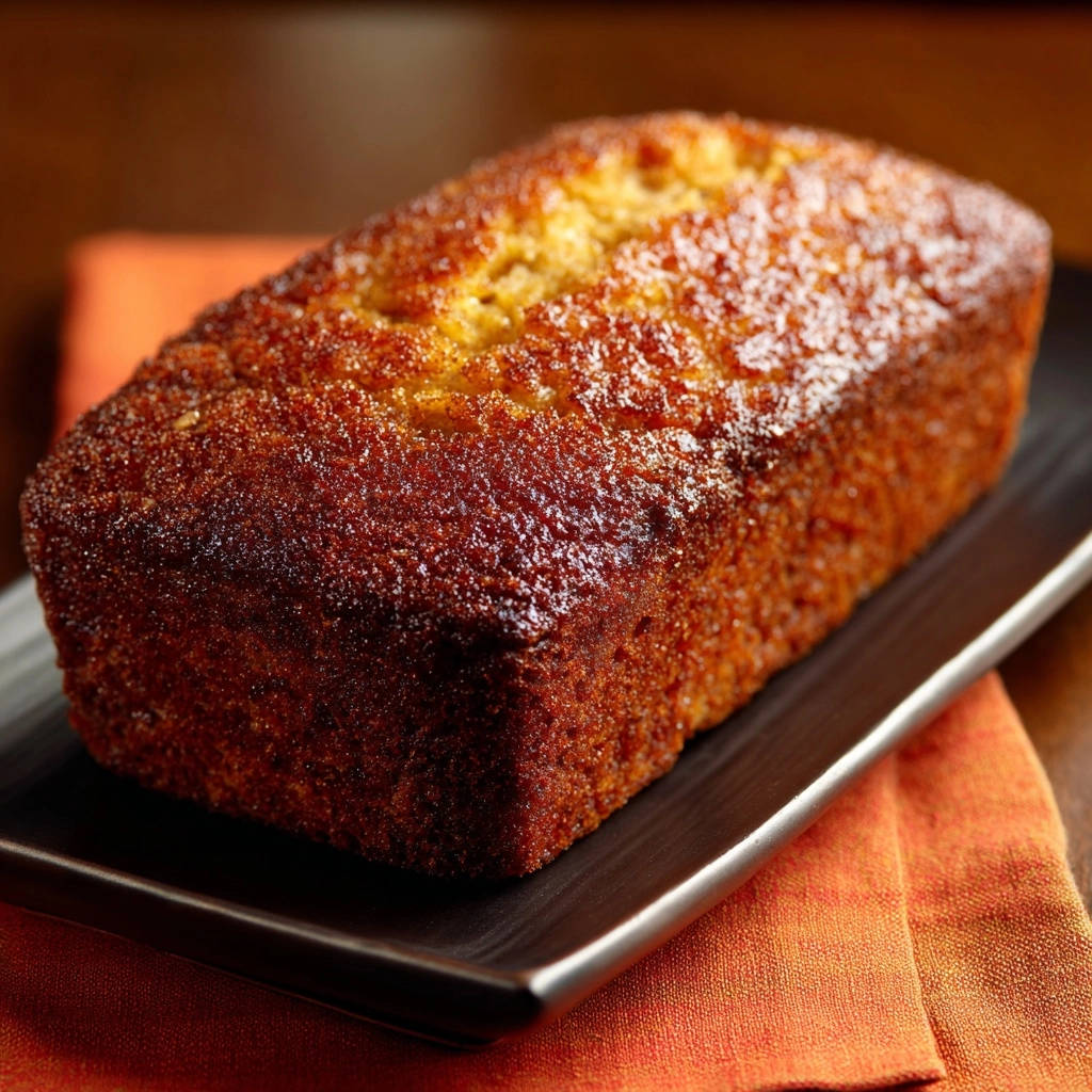 Cinnamon swirl quick bread shown as a golden brown loaf on a dark plate with an orange napkin.