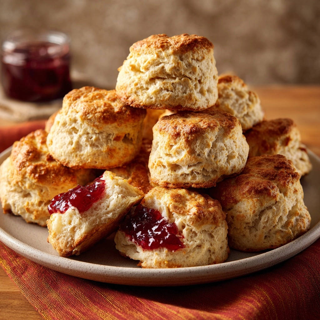 Classic Buttermilk Scones jam-filled cross-section showing fluffy interior on a plate.