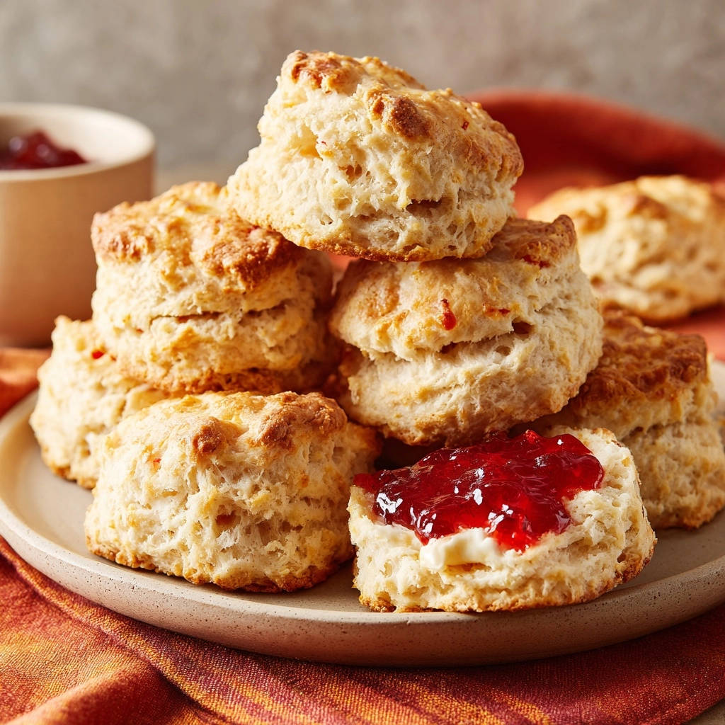 Classic buttermilk scones stacked high on a plate, with one topped with butter and red jam.