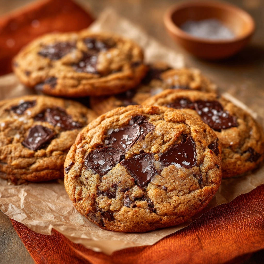 Classic chocolate chunk cookies with a close-up view showcasing their chewy texture and flaky sea salt.
