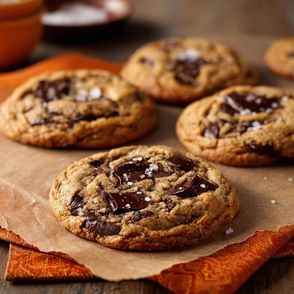 Classic chocolate chunk cookies with melted chocolate and a sprinkle of sea salt on top.