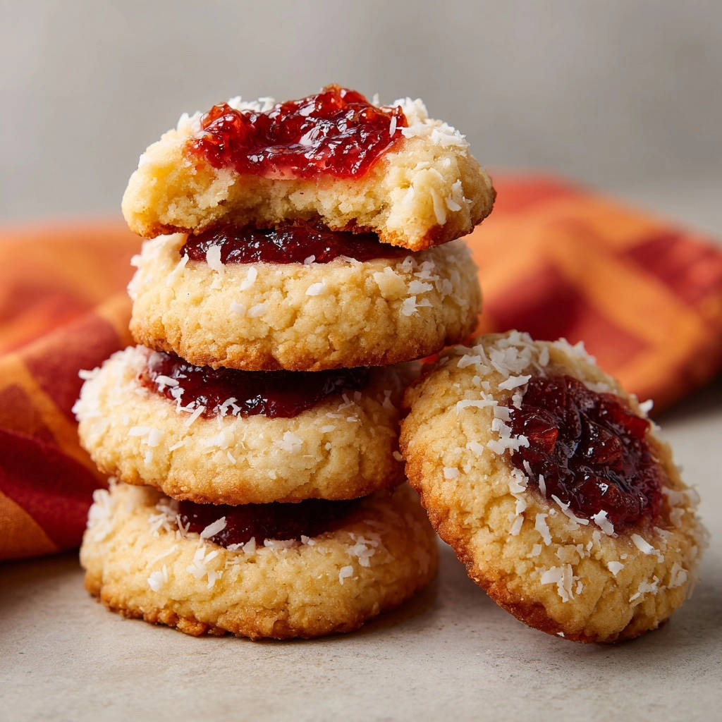 Classic jam thumbprint cookies stacked, with one cookie showing a bite taken out of it.