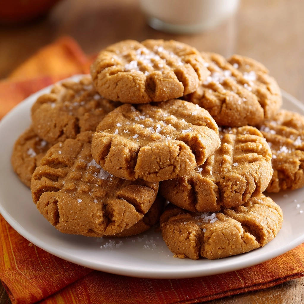 Classic peanut butter cookies with a fork-pressed pattern, generously sprinkled with coarse sea salt.