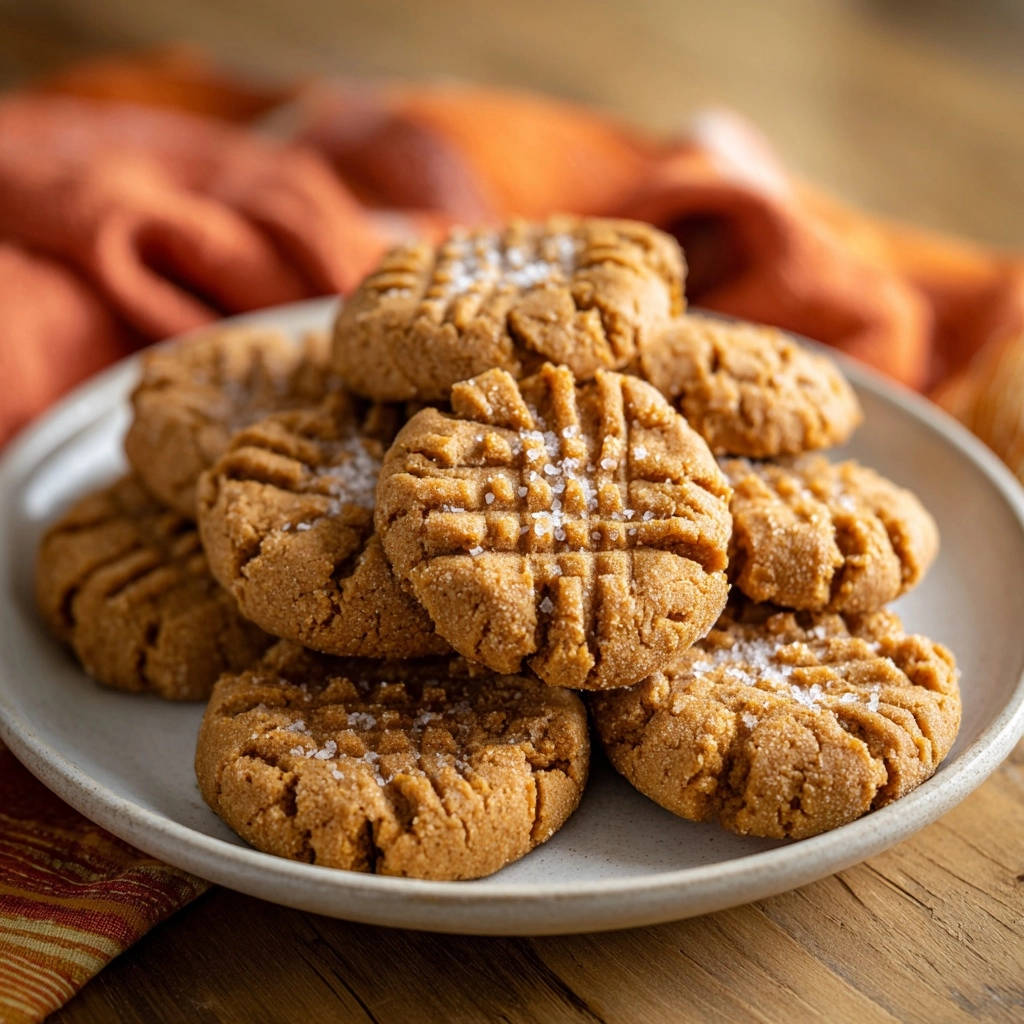 Classic peanut butter cookies, freshly baked and sprinkled with sea salt, stacked high on a plate with a rustic napkin.
