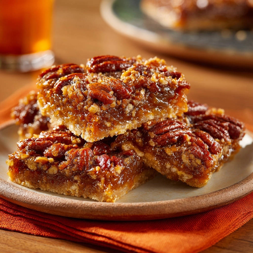 Classic pecan pie bars stacked on a plate, showcasing their rich, gooey filling and pecan topping.