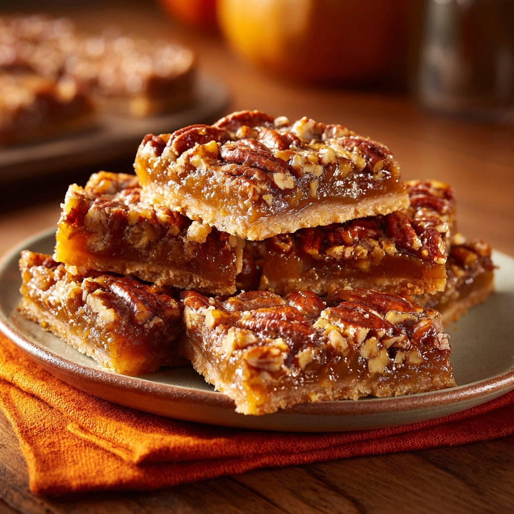 Classic Pecan Pie Bars, stacked on a plate with an orange napkin, showcasing their flaky crust and gooey pecan topping.