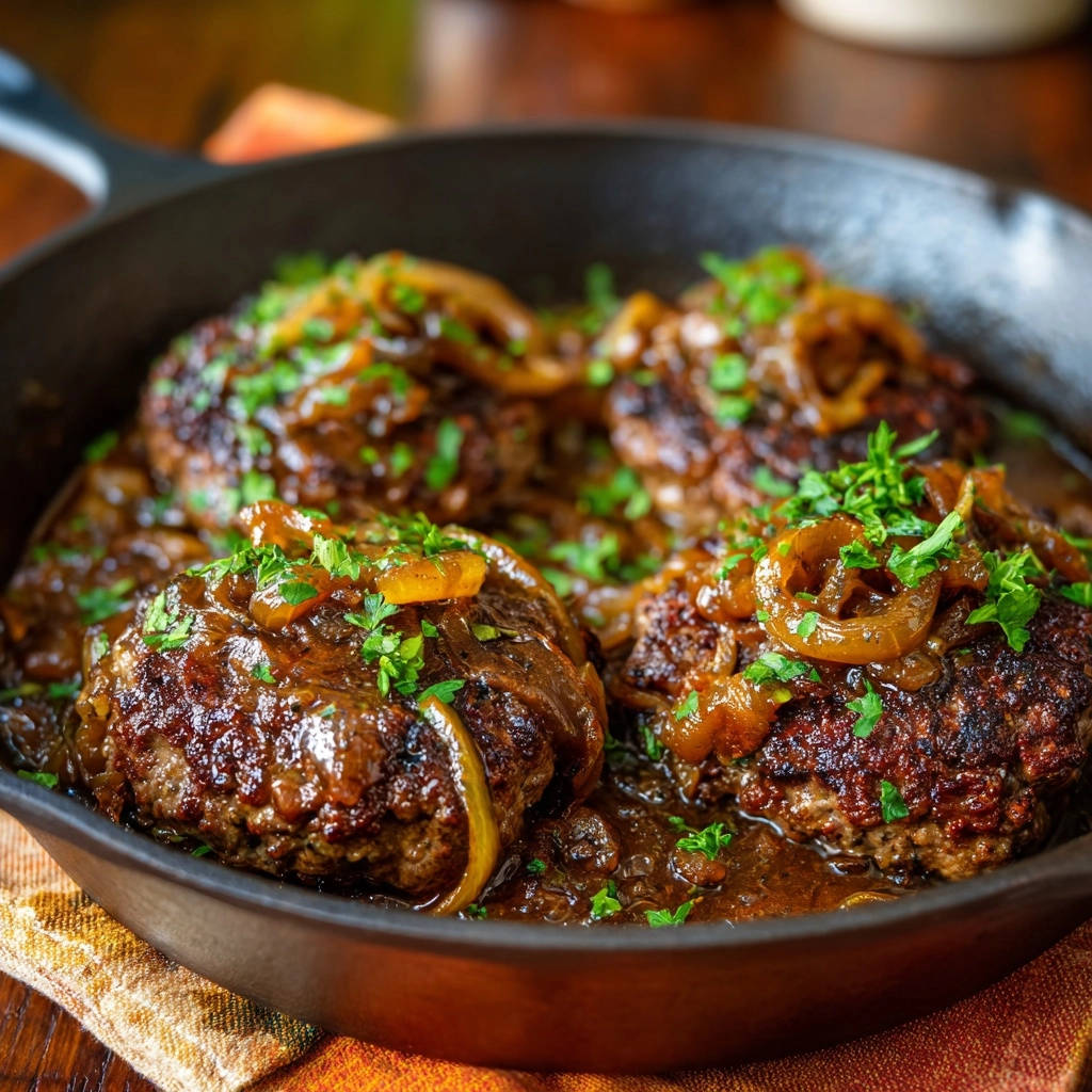 Classic smothered beef patties in a cast iron skillet, topped with caramelized onions and parsley.