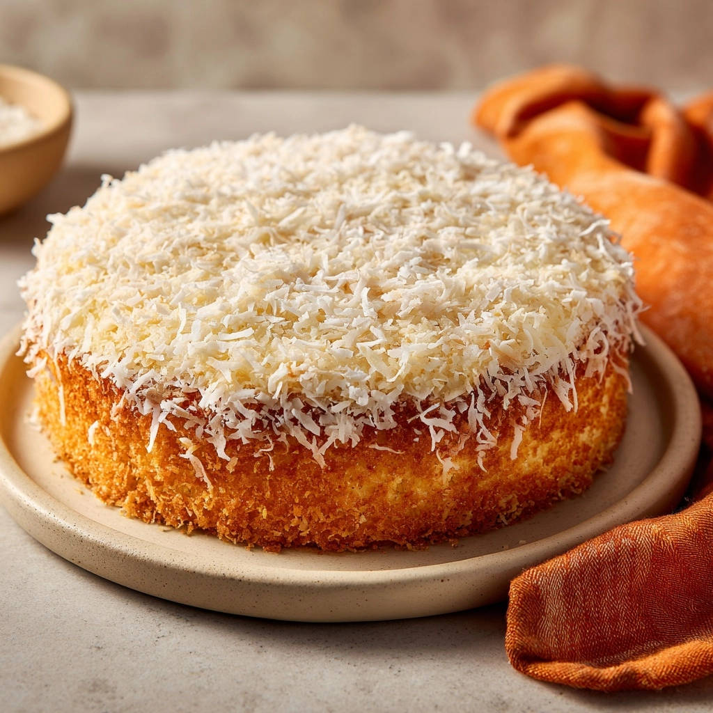 Irresistible coconut cake generously topped with shredded coconut, presented on a beige plate.