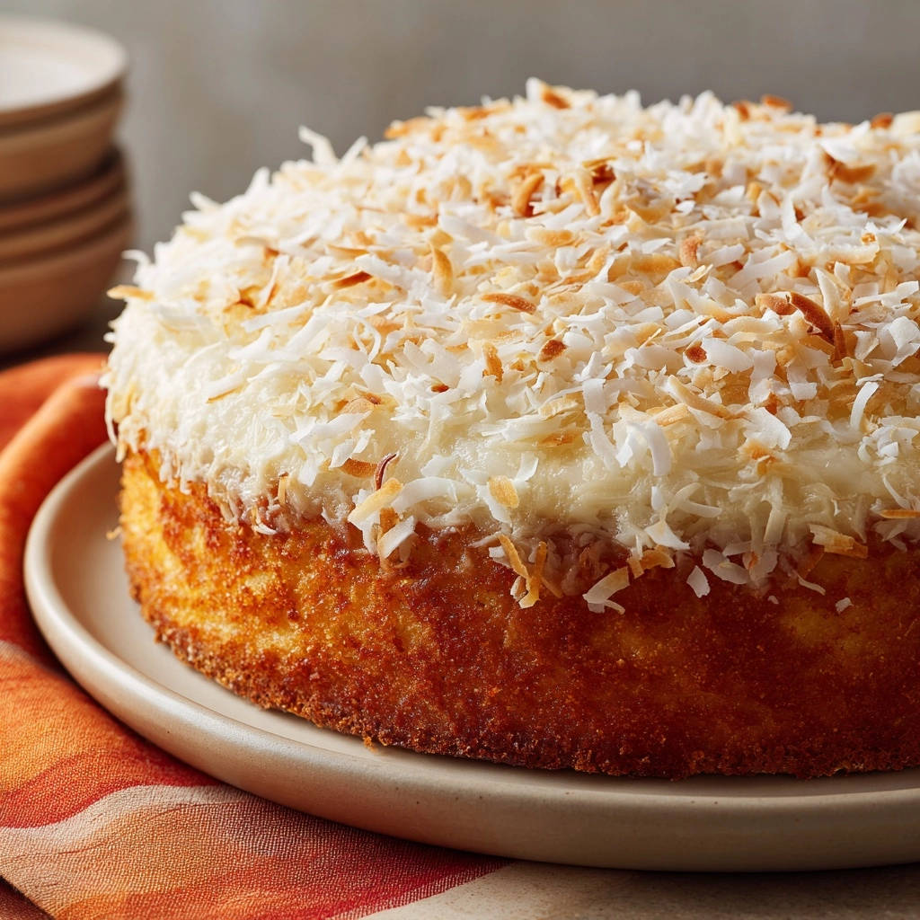 Irresistible coconut cake generously topped with fluffy toasted coconut flakes on a plate.