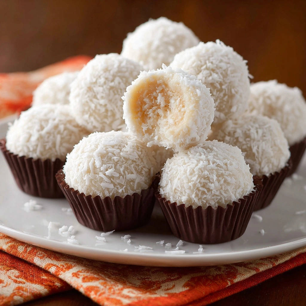 Irresistible coconut truffles with a bite taken out, showing the creamy interior and shredded coconut coating.
