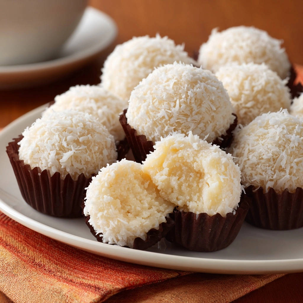 Irresistible coconut truffles with a close-up cross-section revealing their soft interior texture.