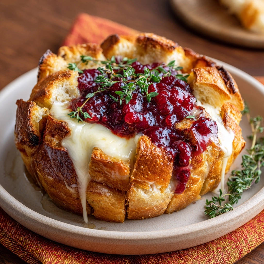 Cranberry Brie Pull-Apart Bread with gooey melted cheese and vibrant cranberry topping, garnished with fresh thyme.