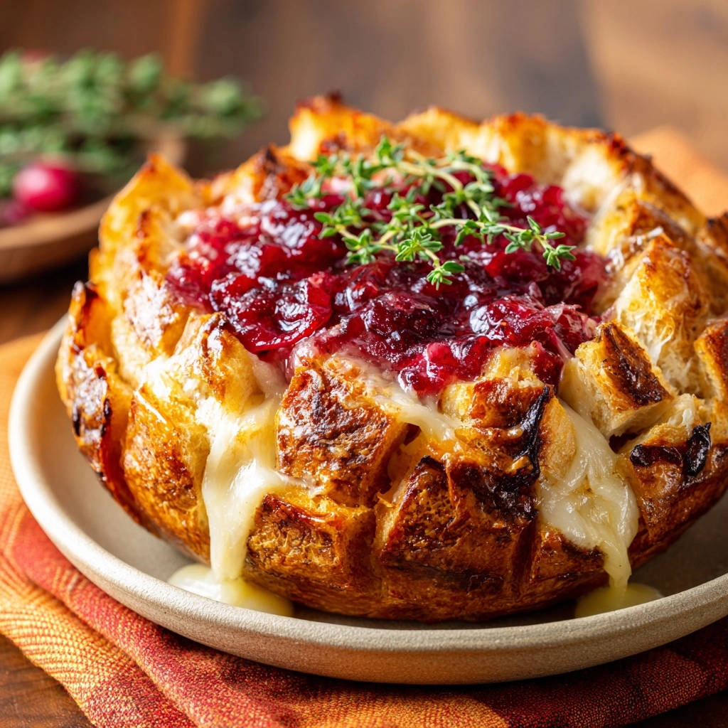 Cranberry Brie Pull-Apart Bread with melted cheese oozing out, garnished with fresh thyme.