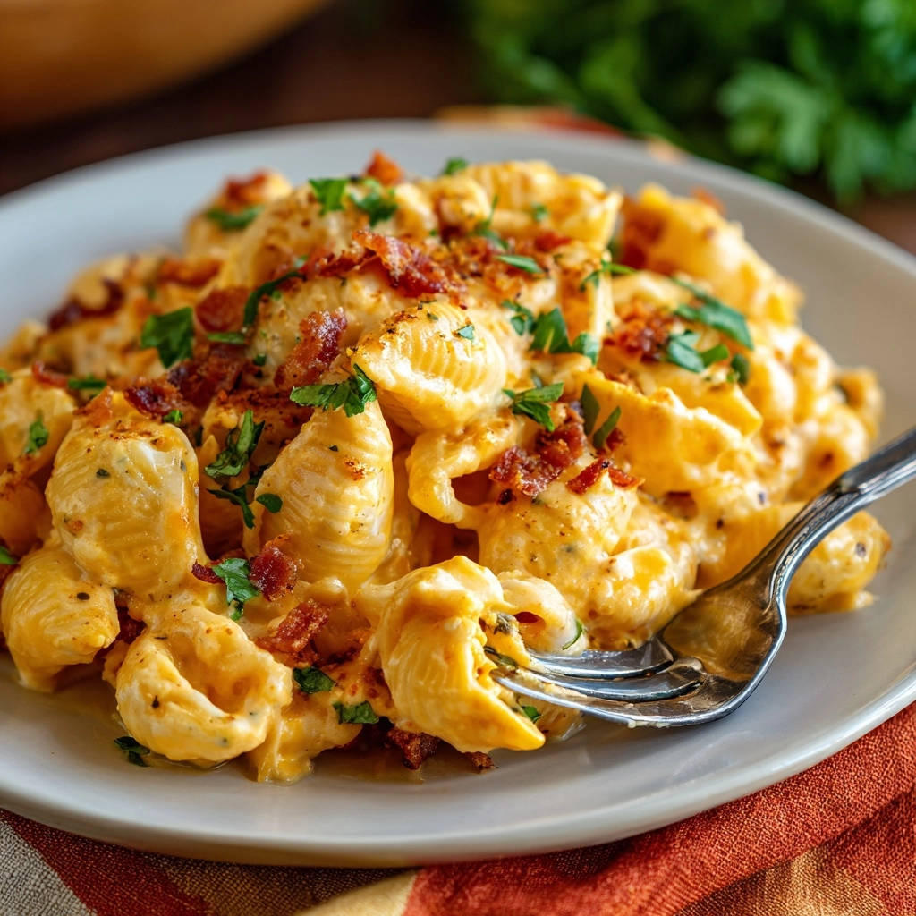 Creamy bacon mac and cheese with a fork digging into the cheesy pasta shells, garnished with parsley.