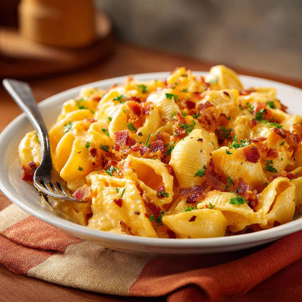 Creamy bacon mac and cheese shown in a bowl with a fork, featuring a close-up view of the pasta and toppings.