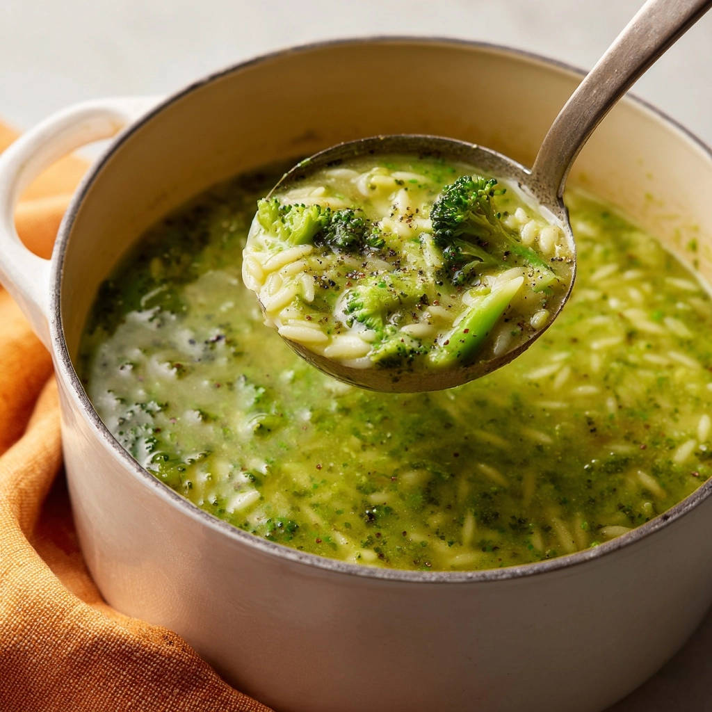 Creamy broccoli orzo soup with orzo pasta and broccoli florets, scooped into a ladle from the pot.