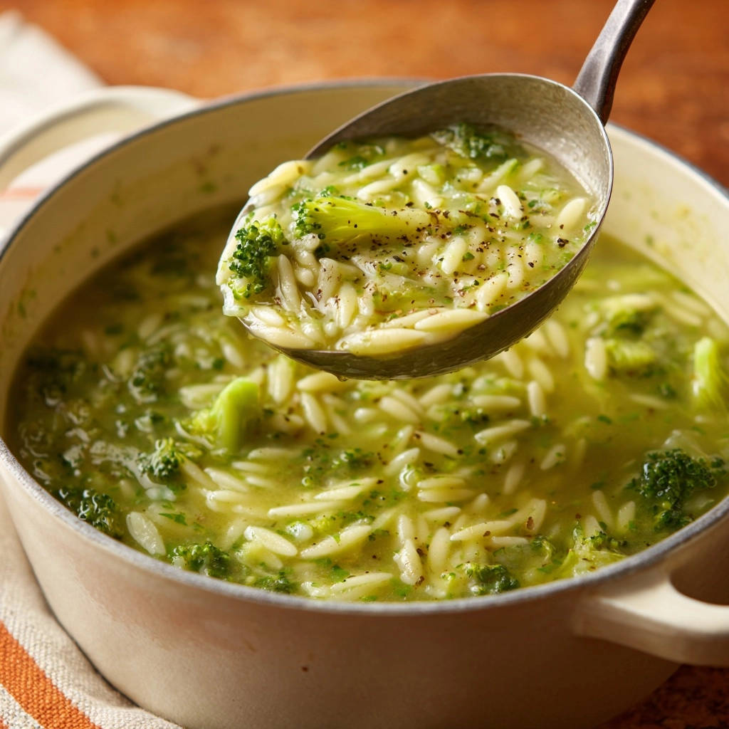Creamy broccoli orzo soup being scooped from a pot with a ladle, showing tender broccoli florets and orzo pasta.