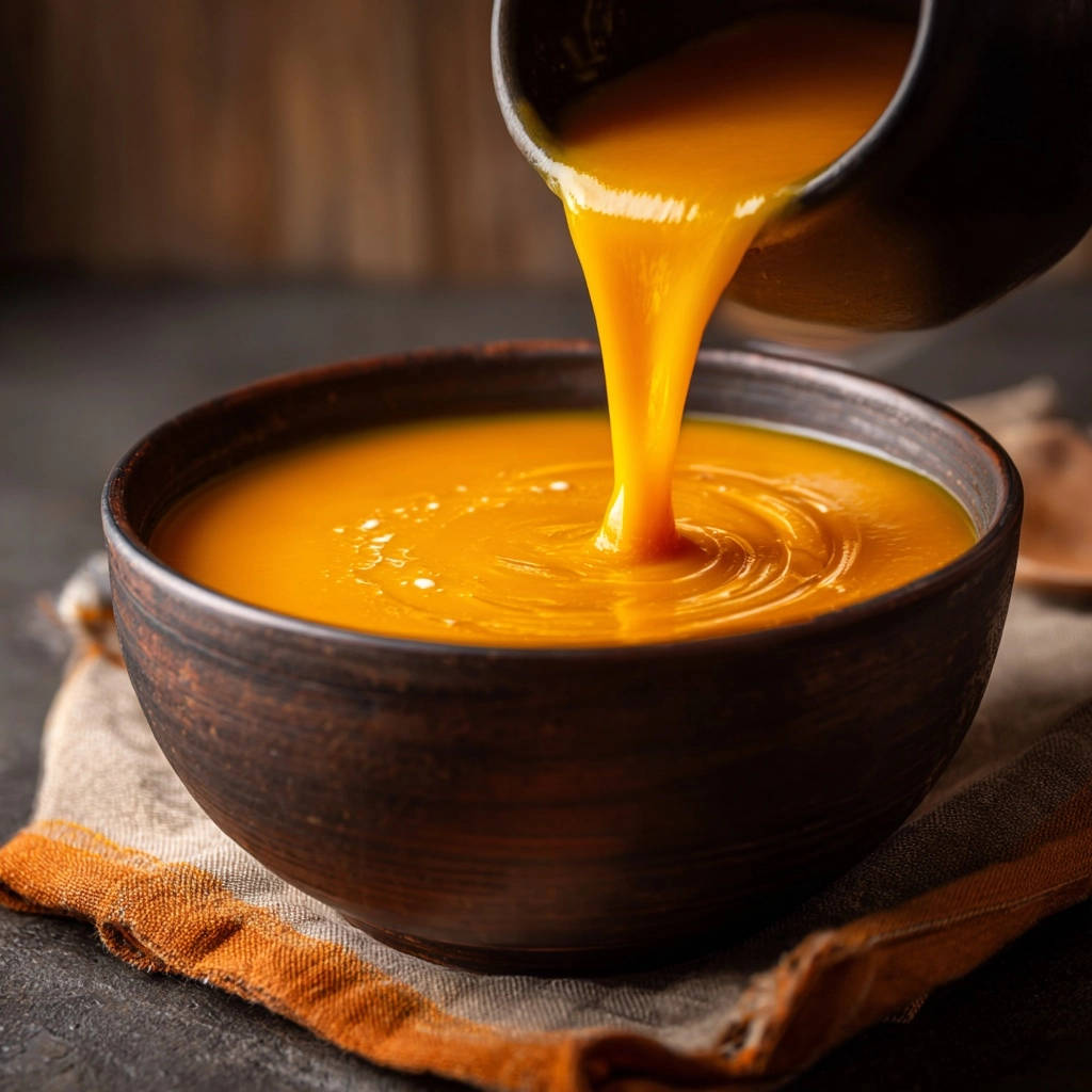 Creamy butternut squash soup being poured from a pot into a rustic brown bowl, creating ripples on the surface.