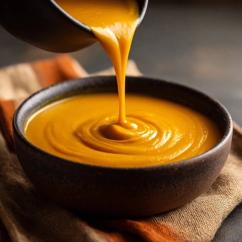 Creamy butternut squash soup being poured from a dark pot into a dark bowl, creating swirls.