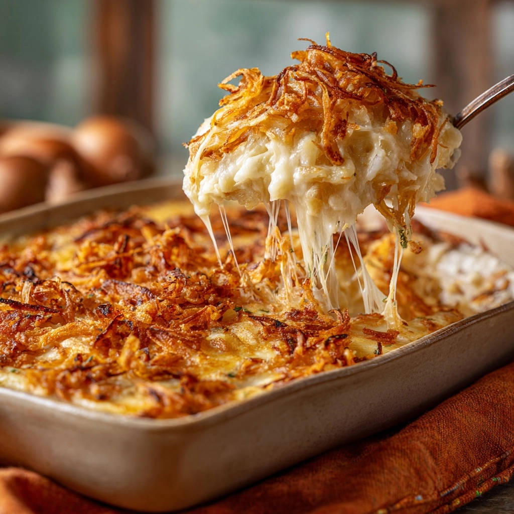 Creamy cheesy potato bake with crispy onions, a spoonful showing gooey cheese pulls from the casserole dish.