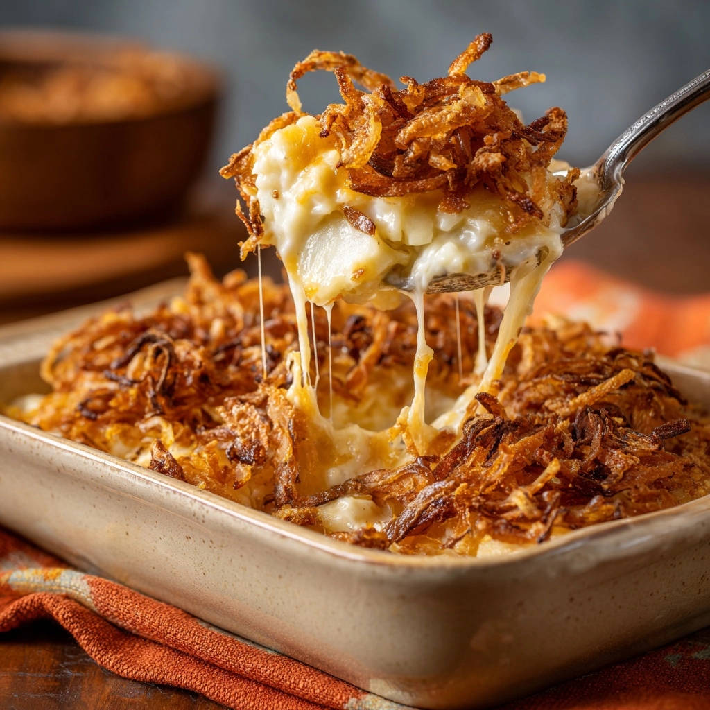 Creamy cheesy potato bake with crispy onions, shown with a spoonful lifting to reveal gooey cheese pulls.