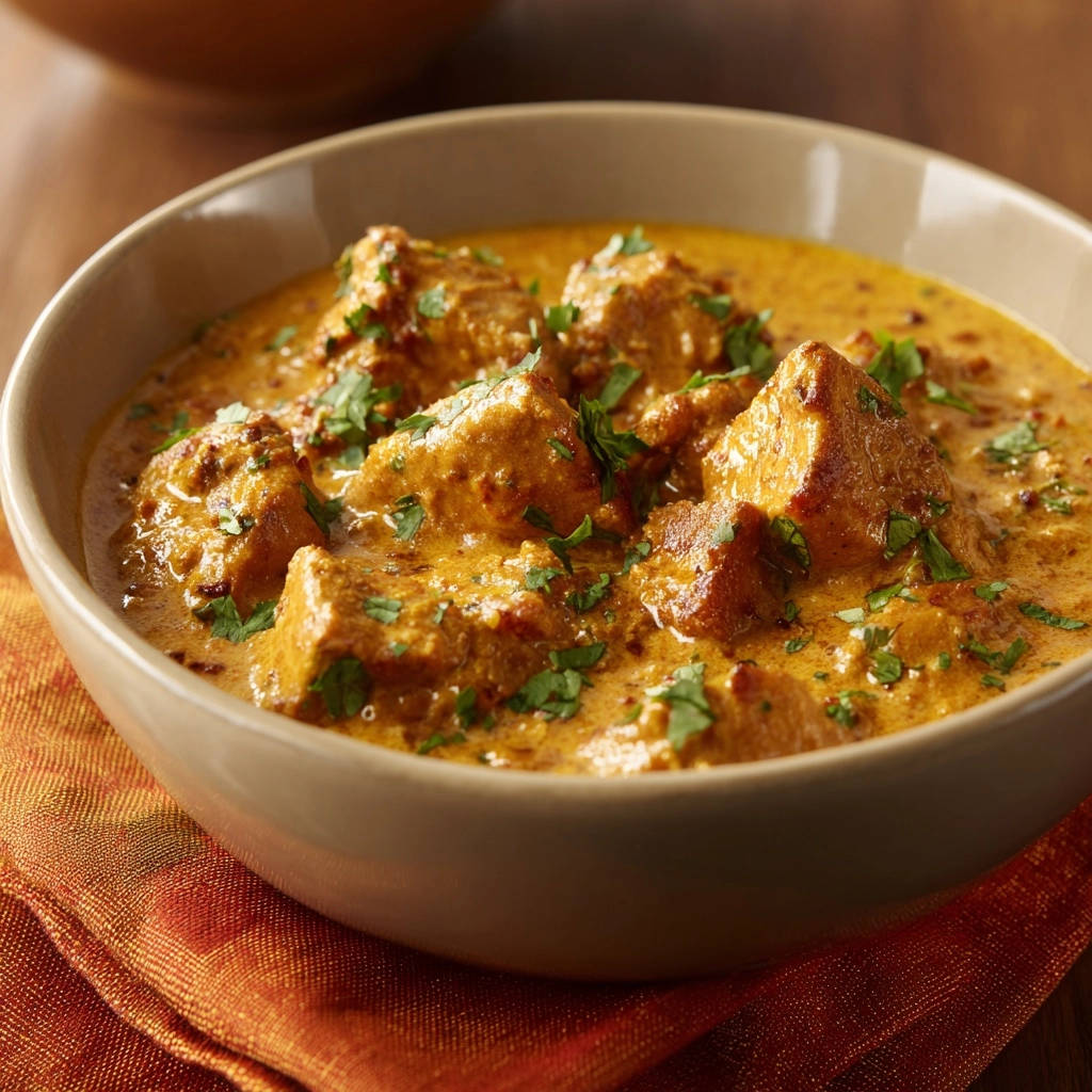 Creamy chicken curry in a bowl, garnished with fresh cilantro, showcasing tender pieces in a rich sauce.