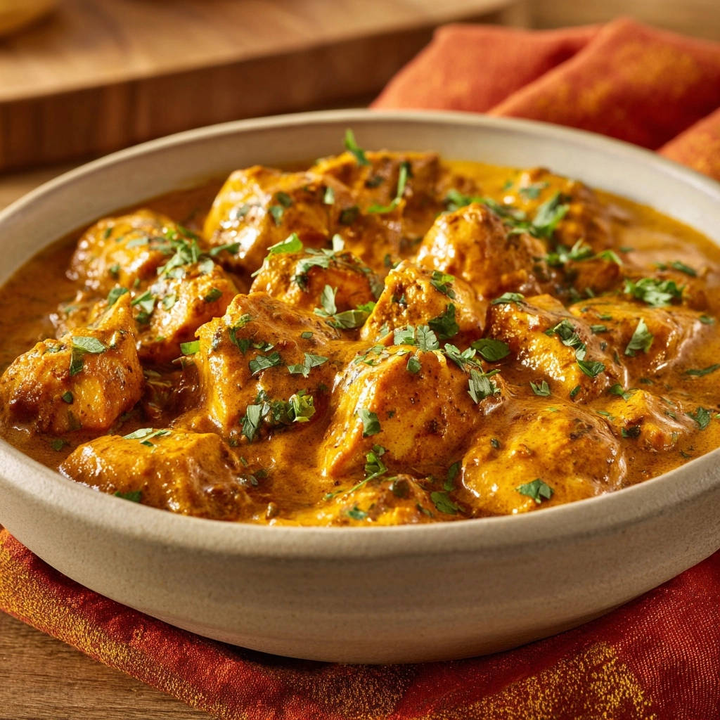 Creamy chicken curry with tender pieces and a fresh parsley garnish in a bowl.