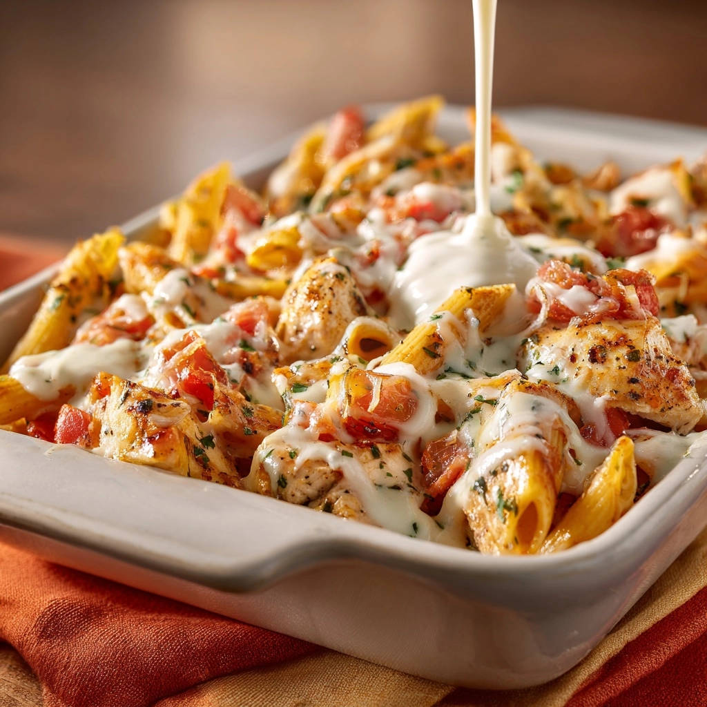 Creamy chicken penne bake being topped with a rich, white sauce in a white baking dish.