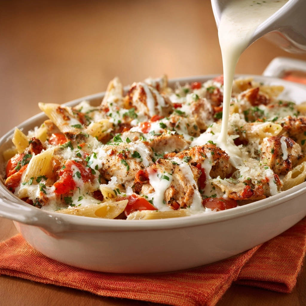 Creamy chicken penne bake with sauce being poured over the top in a white baking dish.