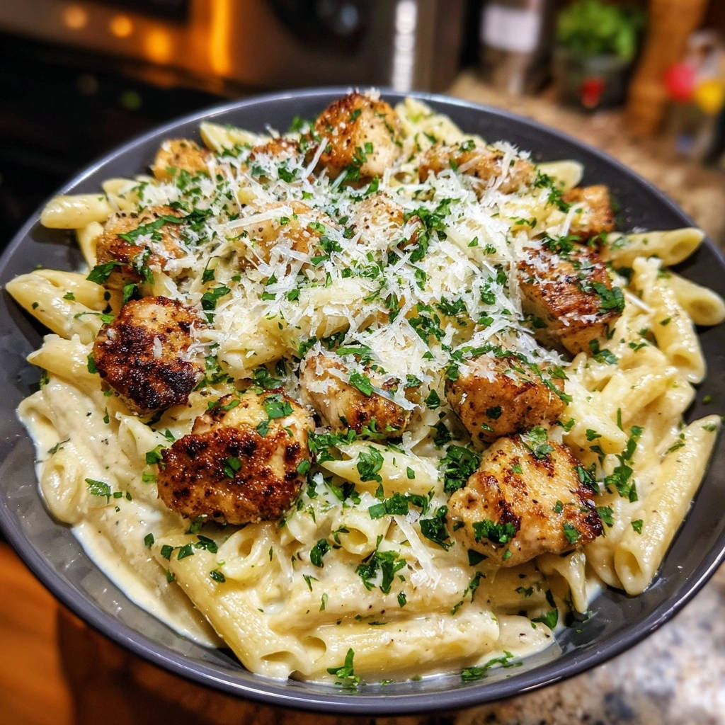 Creamy chicken penne with a close-up view of chopped parsley and grated Parmesan cheese garnish.