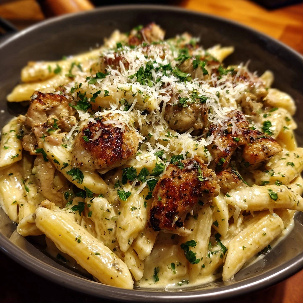 Creamy chicken penne dish generously topped with grated parmesan cheese and fresh parsley garnish.