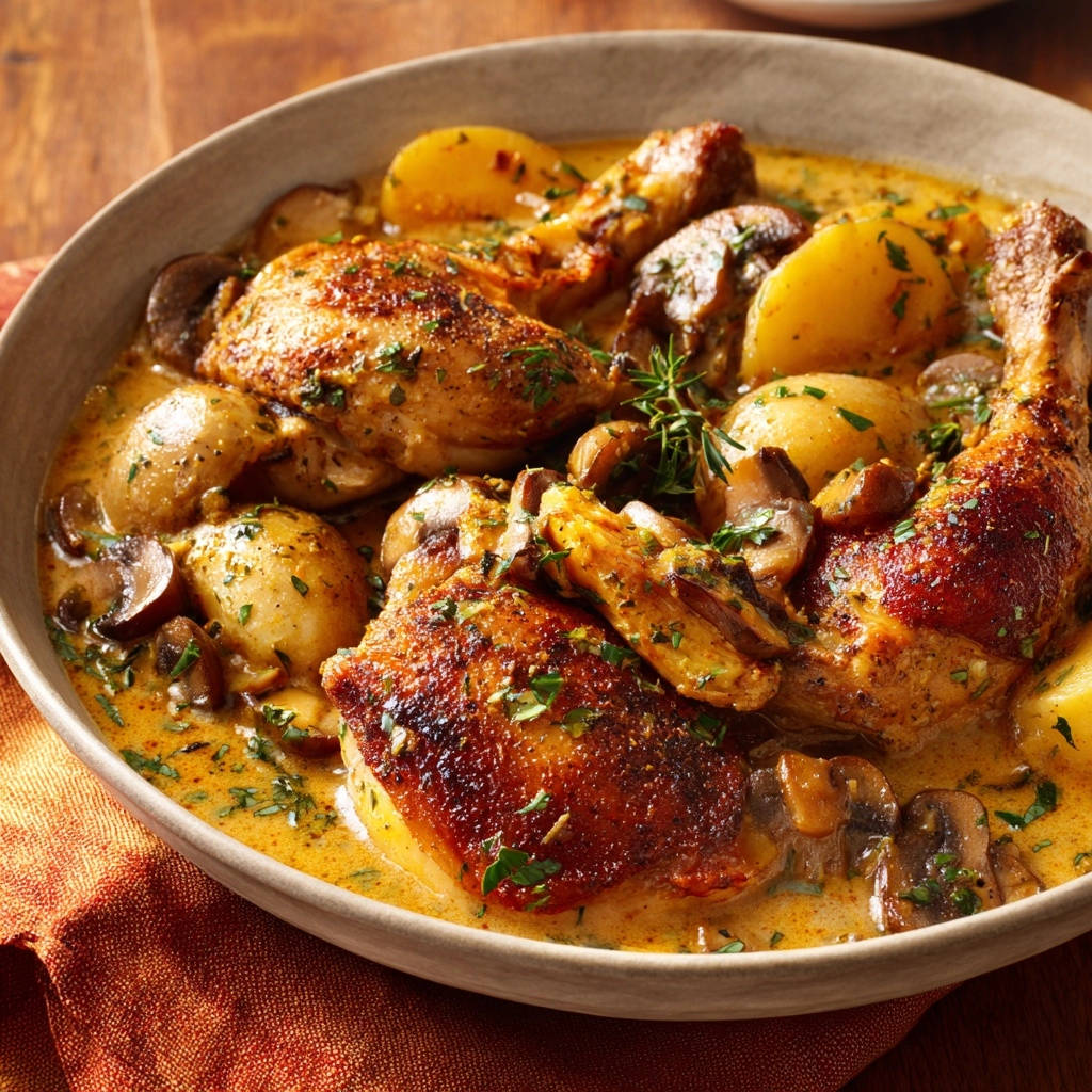 Creamy chicken and potato stew shown in a bowl with a close-up view of tender chicken and mushrooms.