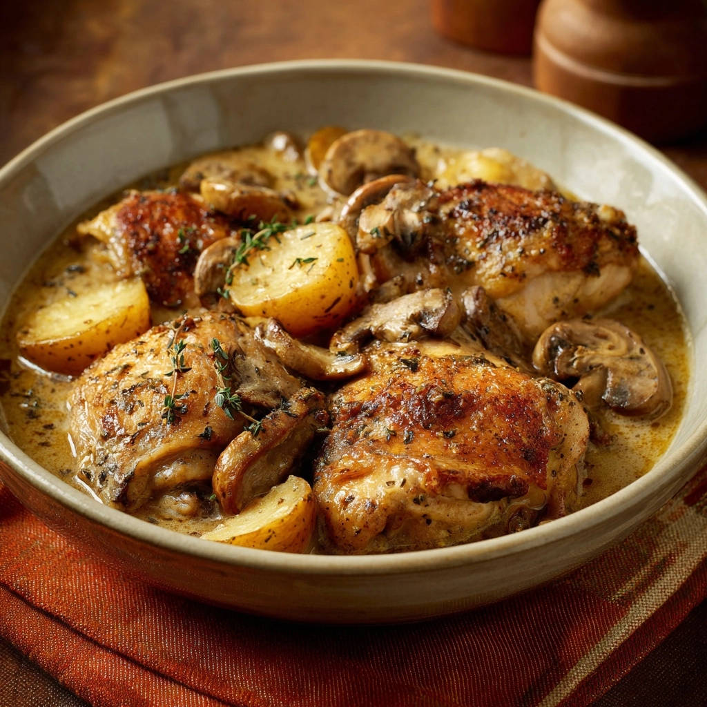 Creamy chicken and potato stew served in a rustic bowl, featuring tender chicken, potatoes, and mushrooms in a rich sauce.