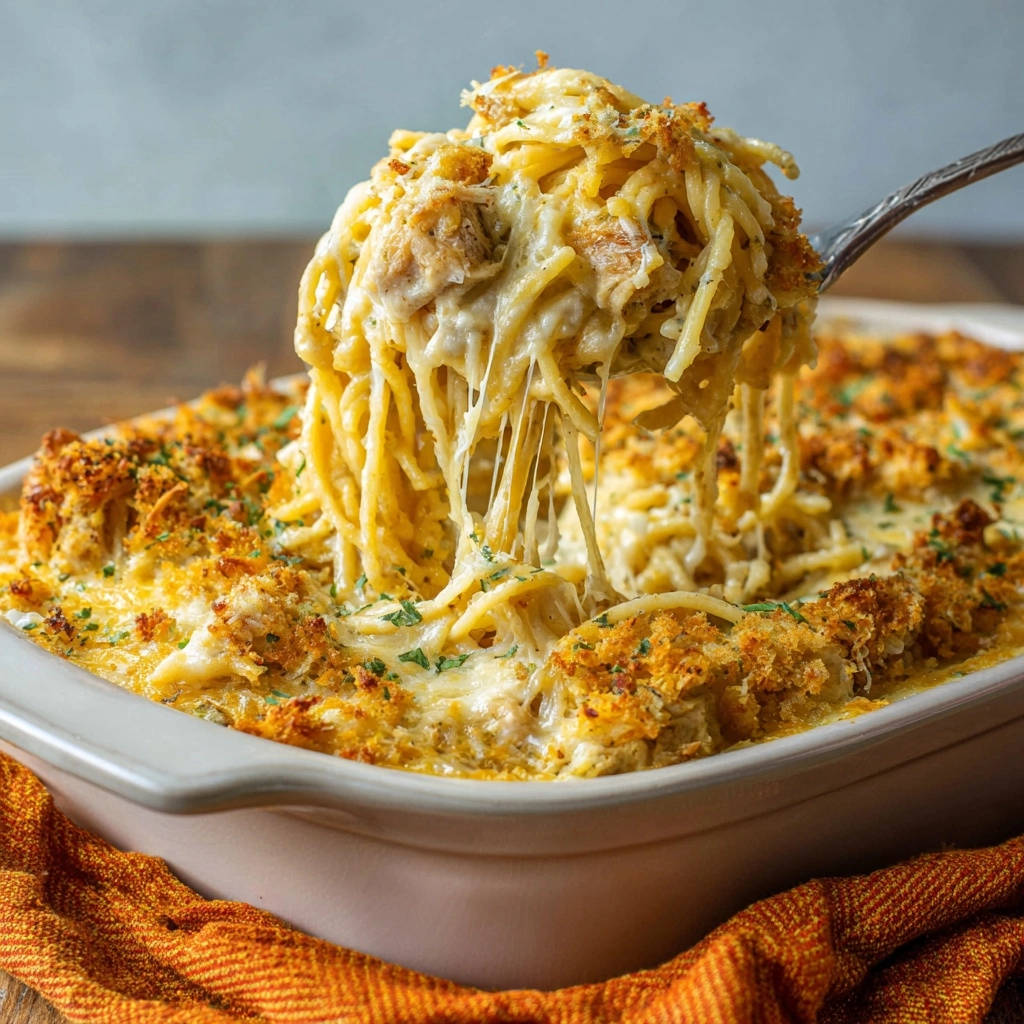 Creamy chicken spaghetti bake with a cheesy pull being lifted from a baking dish.