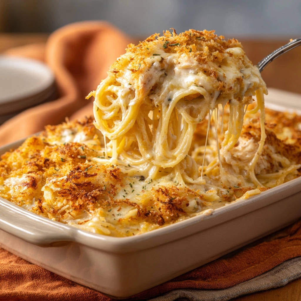 Creamy chicken spaghetti bake being lifted from the dish on a serving utensil, showing melted cheese and breadcrumb topping.