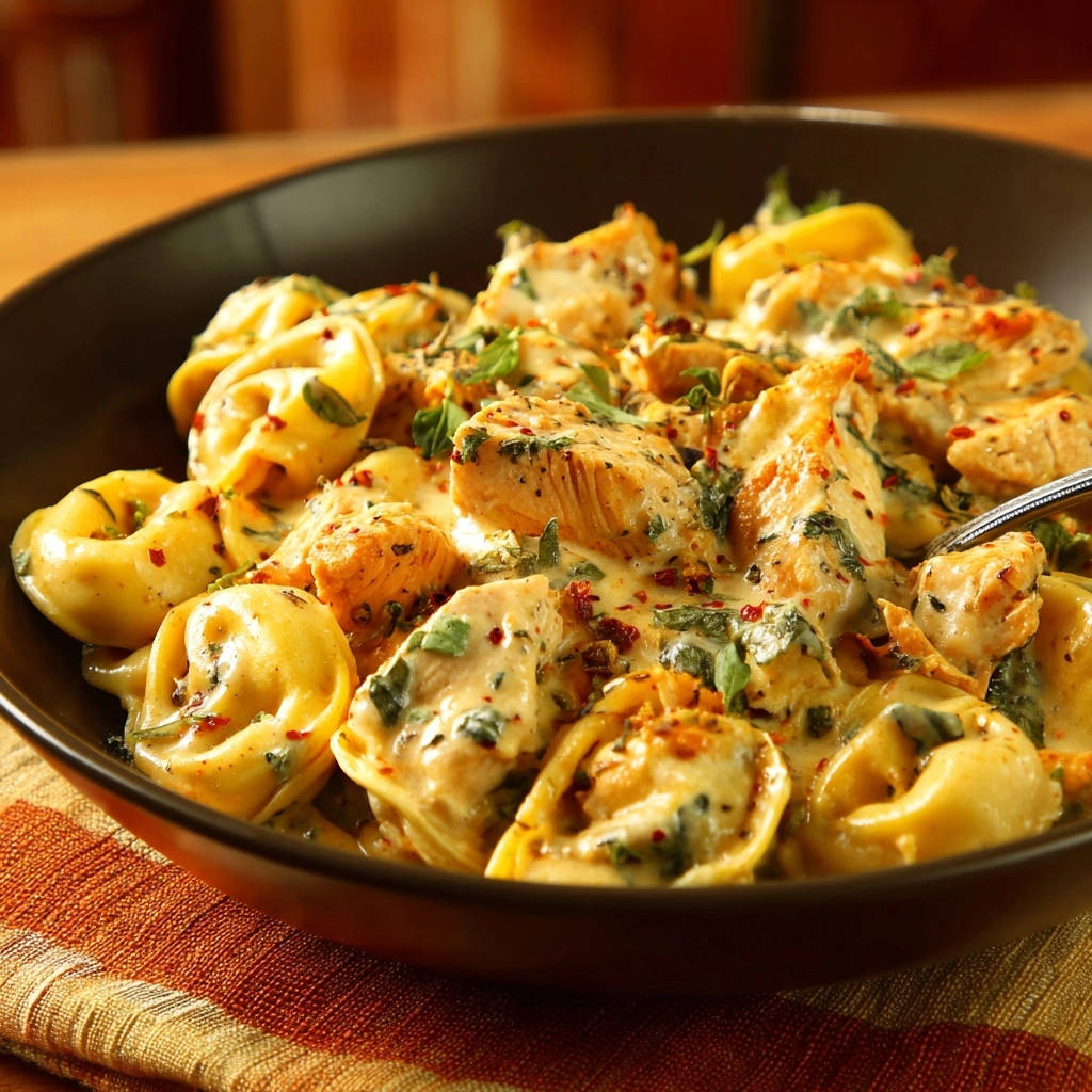 Creamy chicken and tortellini in a rich sauce, showcasing tender chicken pieces and pasta with herbs.