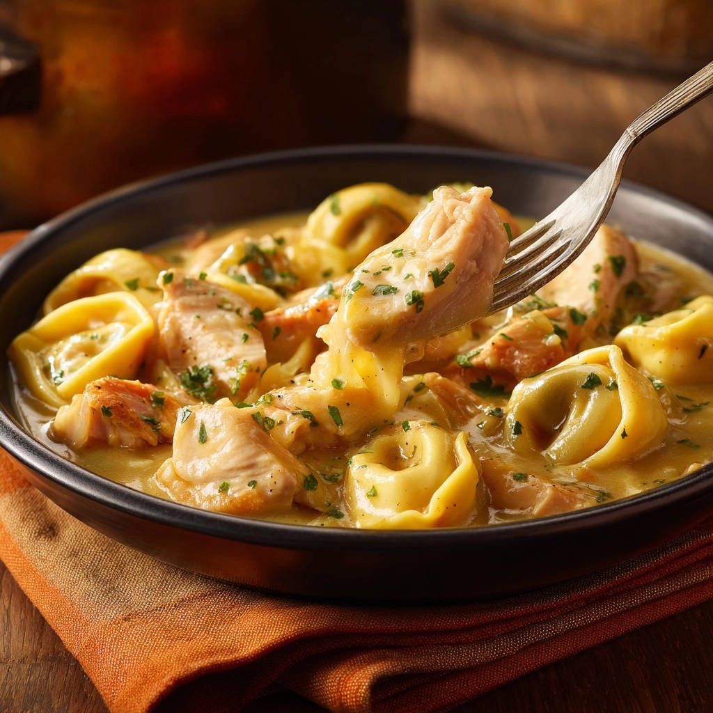 Creamy chicken and tortellini with a fork lifting a piece of chicken and pasta from the bowl.