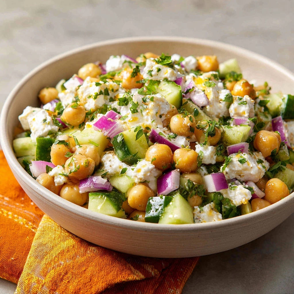 Creamy chickpea & cucumber salad shown in a close-up view within a rustic bowl, showcasing its fresh ingredients.