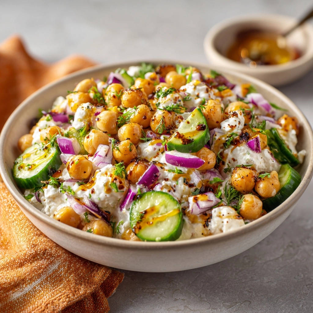 Creamy chickpea & cucumber salad shown in a close-up view within a rustic bowl, drizzled with dressing.