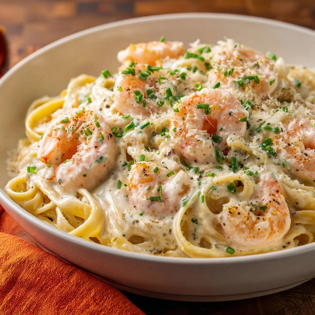 Creamy garlic shrimp pasta served in a white bowl, showcasing plump shrimp and rich sauce up close.