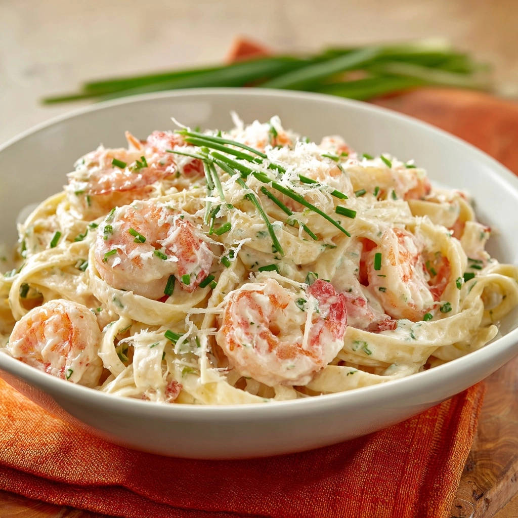 Creamy garlic shrimp pasta close-up, showing tender shrimp, fettuccine, and a sprinkle of fresh chives and Parmesan cheese.