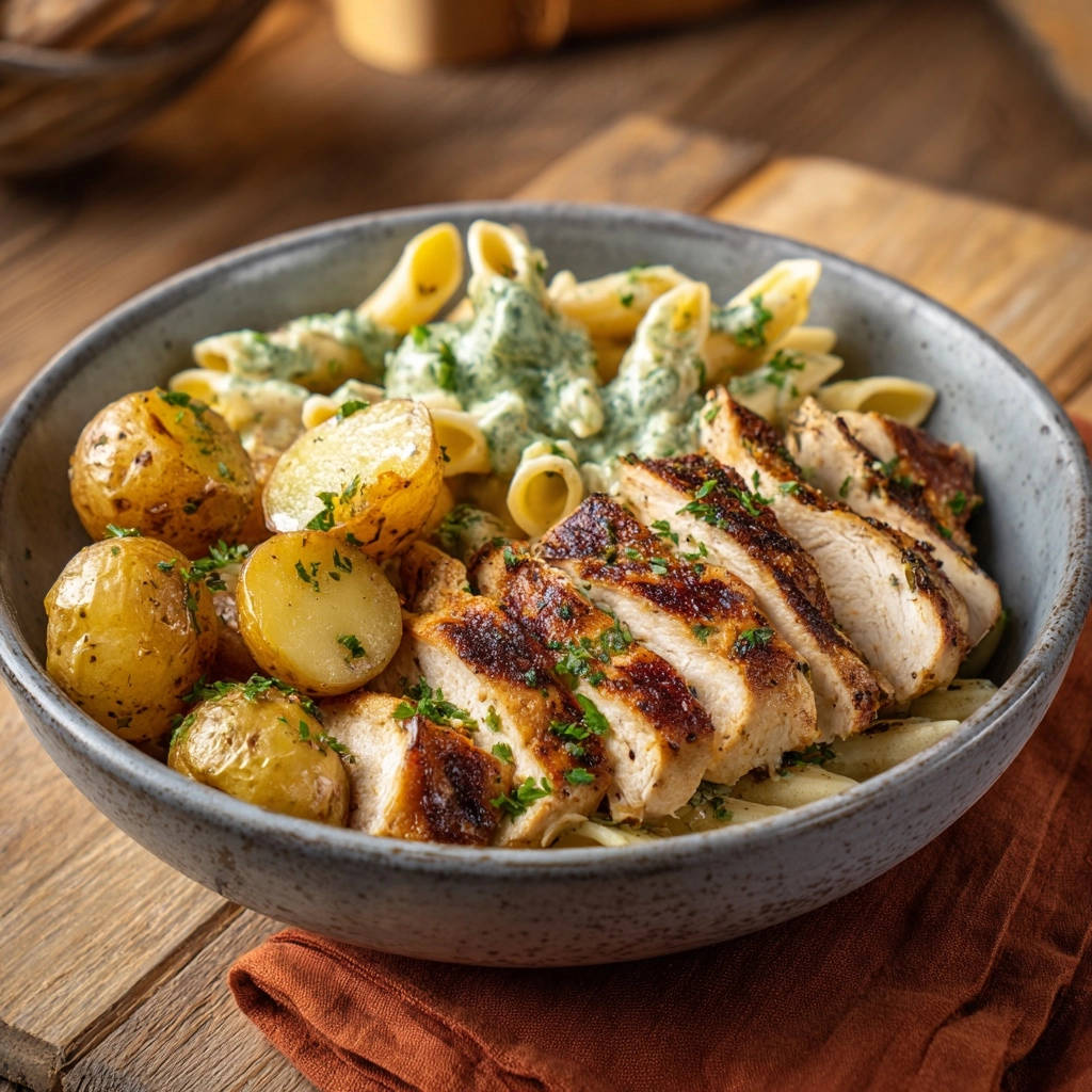 Creamy herb chicken pasta bowl with sliced chicken and baby potatoes, shown from a close overhead angle.